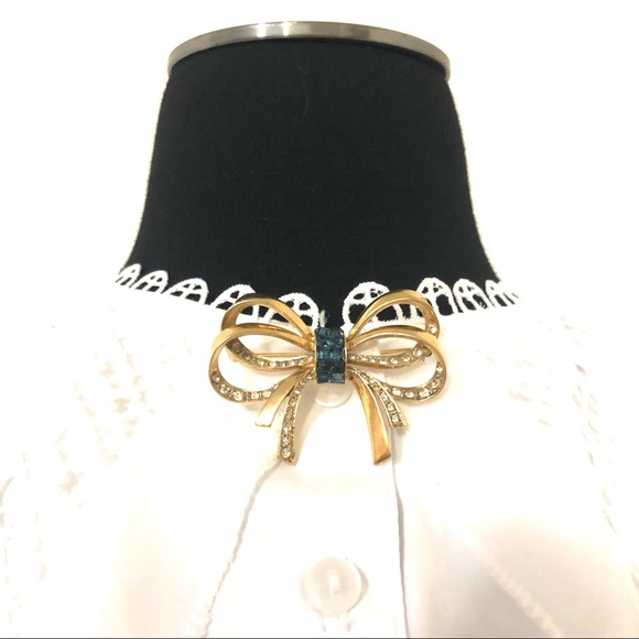 Authentic NINA RICCI Bow Ribbon Blue Stones Gold Brooch Pendant RARE Vintage - Picture 2 of 4
